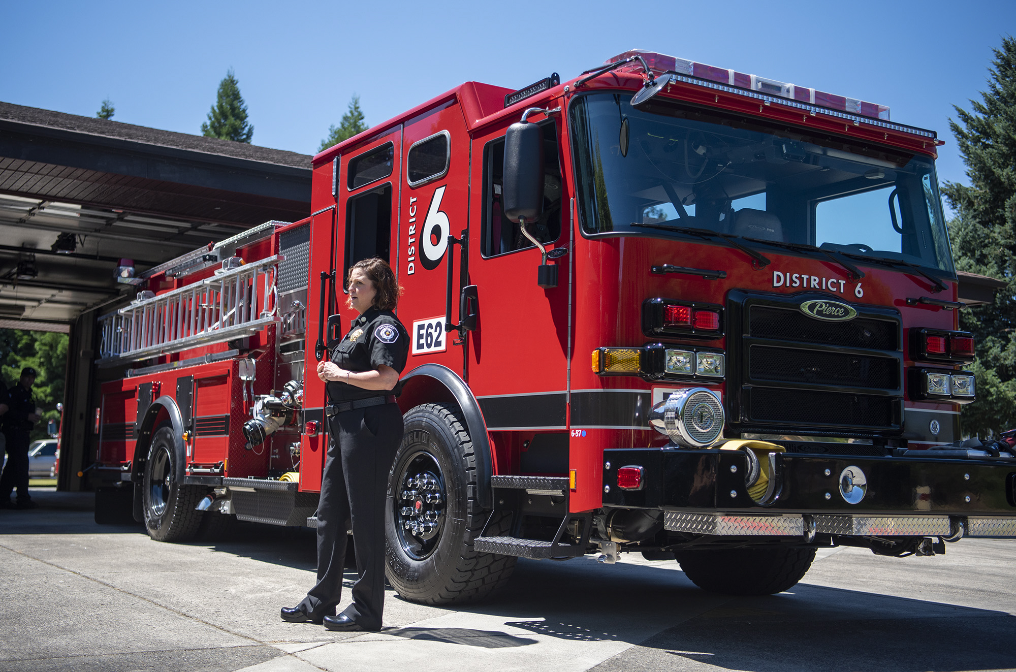 A former Clark County Fire District 6 firefighter has filed a federal lawsuit against the agency alleging a hostile work environment and racial discrimination. The suit names Fire Chief Kristan Maurer, here in July in front of  a new fire engine.