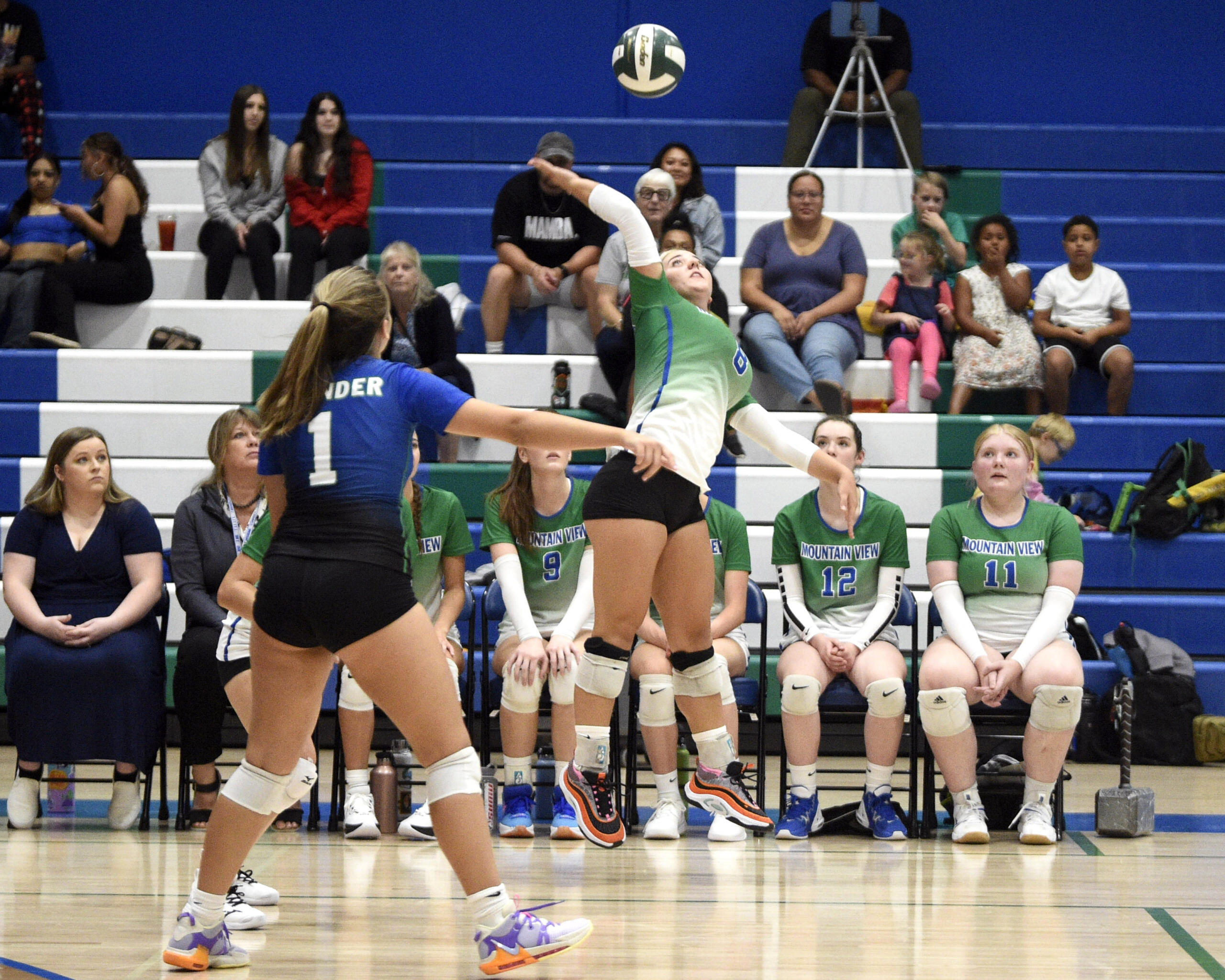 Mountain View players and coaches look on as Thunder senior Makena Gamby (8) winds up to hit the ball across the net against Evergreen on Tuesday, Sept. 5, 2023, at Mountain View High School.