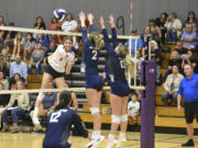 Columbia River outside hitter Lauren Dreves earns a kill against Skyview on Wednesday, Sept. 6, 2023 at Columbia River High School.