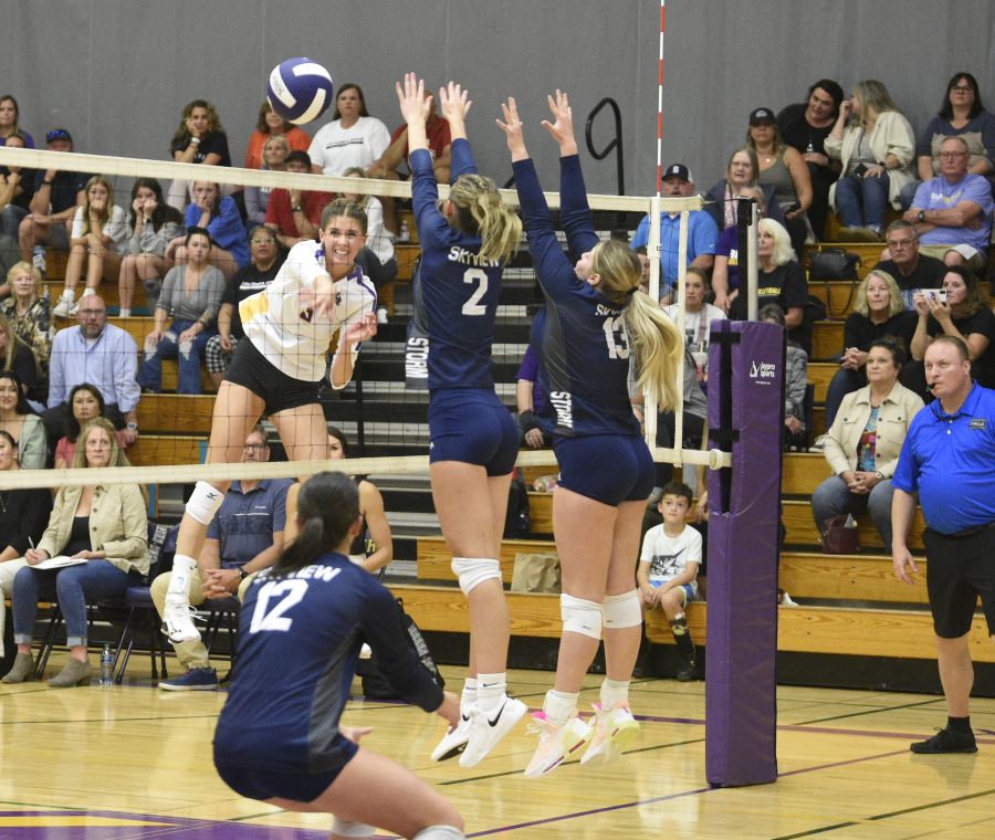 Columbia River outside hitter Lauren Dreves earns a kill against Skyview on Wednesday, Sept. 6, 2023 at Columbia River High School.