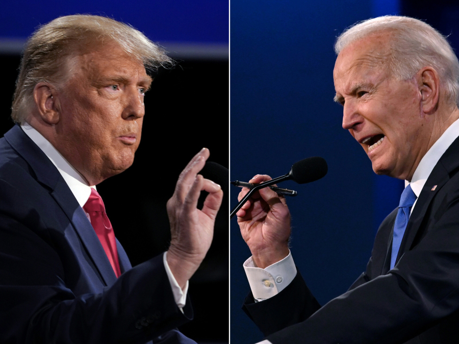 This combination of pictures from Oct. 22, 2020, shows then-President Donald Trump, left, and then-Democratic presidential candidate Joe Biden during the final presidential debate at Belmont University in Nashville, Tennessee.