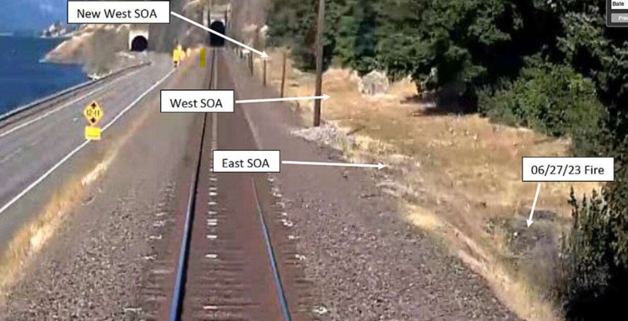 This image was captured by an Amtrak train's forward-facing camera about two and a half hours before the start of the Tunnel 5 Fire. SOA indicates "specific origin area" of the fire. A note in the bottom right corner indicates the area where a small fire burned just days before the Tunnel 5 Fire.