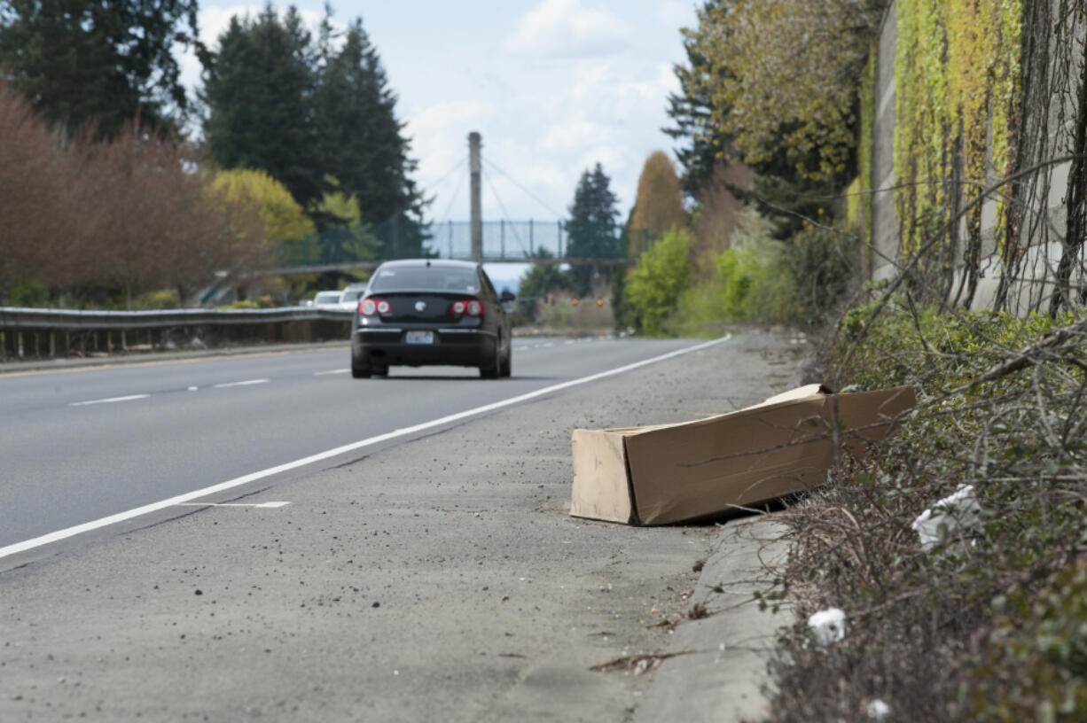 A large cardboard box litters northeast Padden Parkway near northeast 152nd Avenue in Vancouver in 2018.