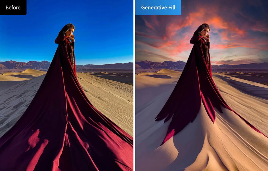 Before-and-after images of a woman standing on a sand dune, with the right-panel image showing changes that can be made to the original left-panel image.