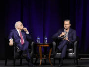 Martin Scorsese, left, and Leonardo DiCaprio speak during "A Conversation with Martin Scorsese" and Legend of Cinema Award Presentation during CinemaCon, the official convention of the National Association of Theatre Owners, at Caesars Palace on April 27 in Las Vegas.