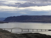 The Vantage Bridge carries Interstate 90 across the Columbia River near Vantage at dusk in February 2018.
