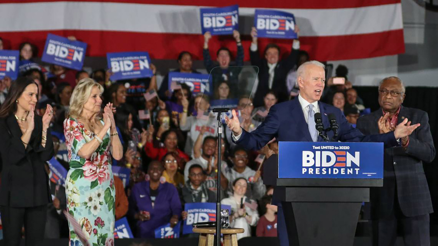 Joe Biden, on stage with Jim Clyburn and his daughter, Ashley Biden, and his wife, Jill Biden, thanks South Carolinians for after support at the University of South Carolina volleyball center, in 2020. Biden won the South Carolina in the State Primary.