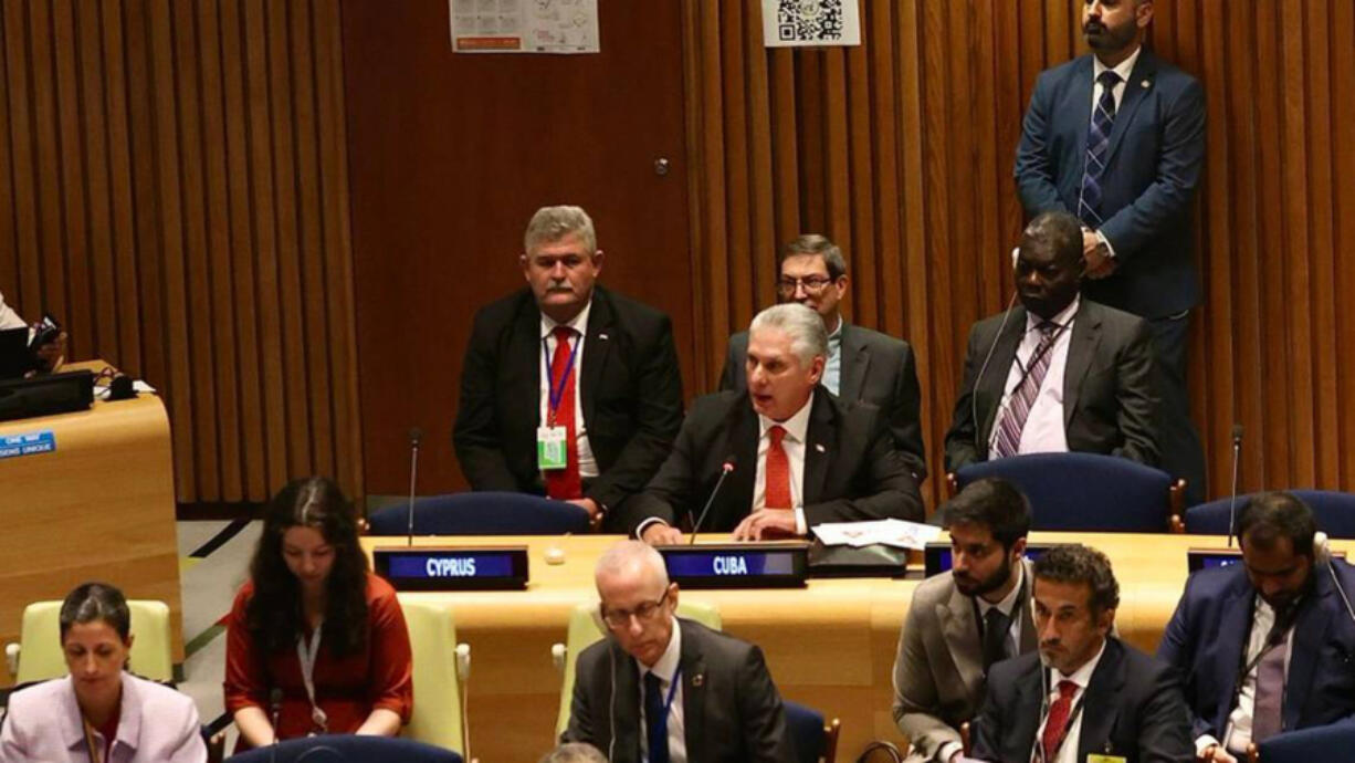 Cuban leader Miguel D?-az-Canel speaks at the Financing for Development political dialogue at the United Nations in New York on Wednesday, Sept. 20, 2023.