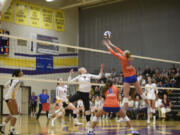 The Columbia River and Ridgefield volleyball teams play a Class 2A Greater St. Helens League match on Monday, Sept. 25, 2023 at Columbia River High School.