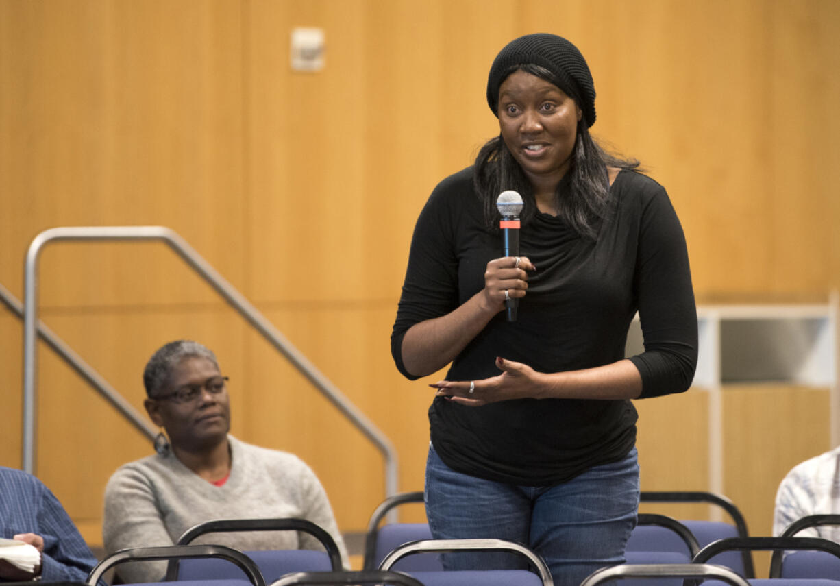 Ophelia Noble of Vancouver speaks during a community forum in March 2018 at Clark College in Vancouver.