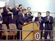 President John F. Kennedy is applauded during the groundbreaking ceremony for the N Reactor at the Hanford nuclear reservation on Sept.