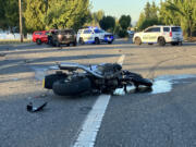 A crashed motorcycle Tuesday evening after it was involved in a crash with multiple vehicles near the intersection of Northeast 50th Avenue and St. Johns Road. The rider reportedly suffered significant injuries to his arms and leg.