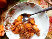 Eat dessert first with this peach breakfast crisp, a slightly healthier version of the popular dessert with a little less sugar and fat.