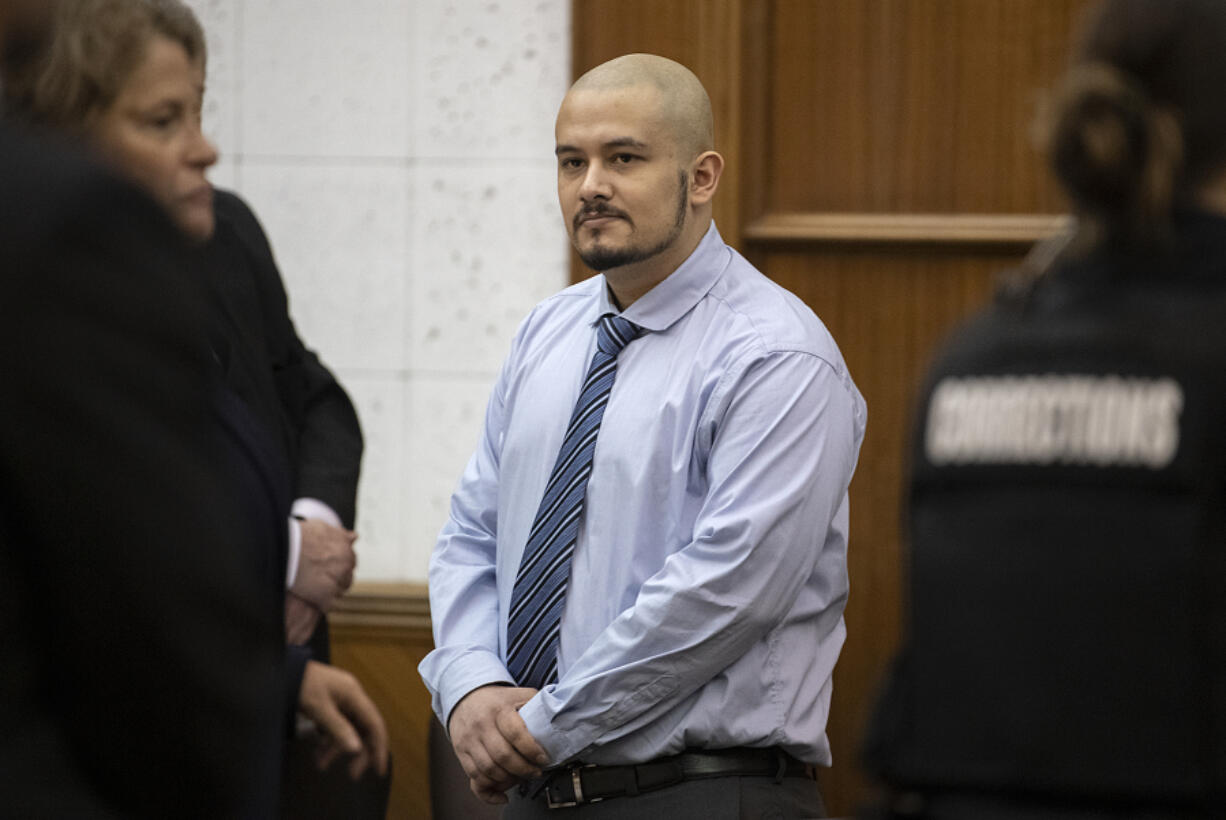 Defendant Guillermo Raya Leon is pictured Friday at the Clark County Courthouse before opening statements in his aggravated murder trial. He's accused of fatally shooting Clark County sheriff's Sgt. Jeremy Brown in July 2021 while Brown was surveilling an east Vancouver apartment complex.