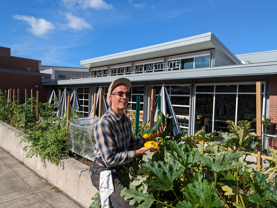 The kitchen garden that wraps around three sides of the Tod and Maxine McClaskey Culinary Institute at Clark College is reaping a bountiful, colorful harvest for students to use in their recipes.