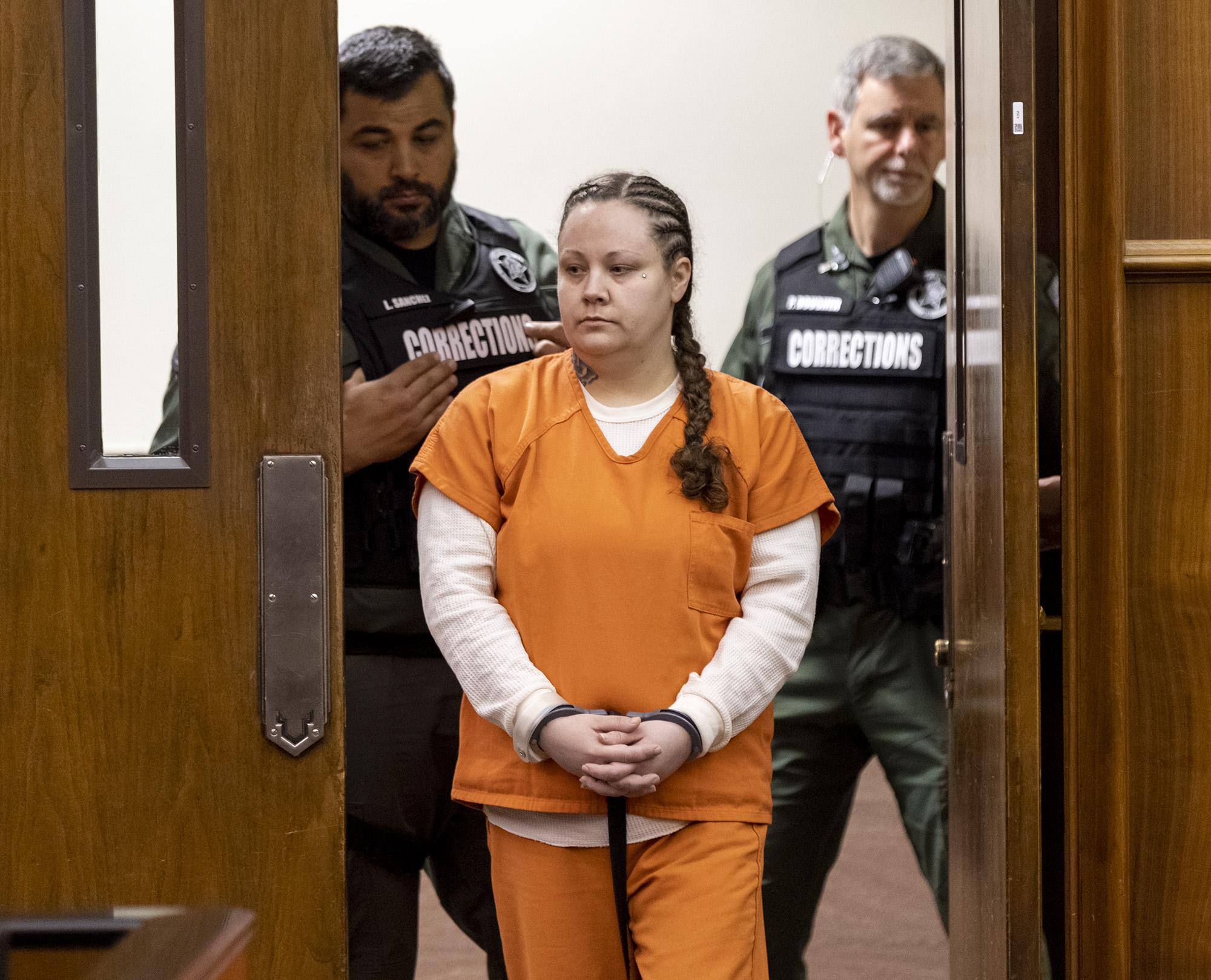 Misty Raya, a co-defendant in the 2021 fatal shooting of Clark County sheriffÄôs Sgt. Jeremy Brown, walks into the courtroom Friday, Sept. 29, 2023, at Clark County Courthouse. Raya pled guilty to second degree murder, two counts of second degree burglary, unlawful possession of a firearm and theft of a firearm.