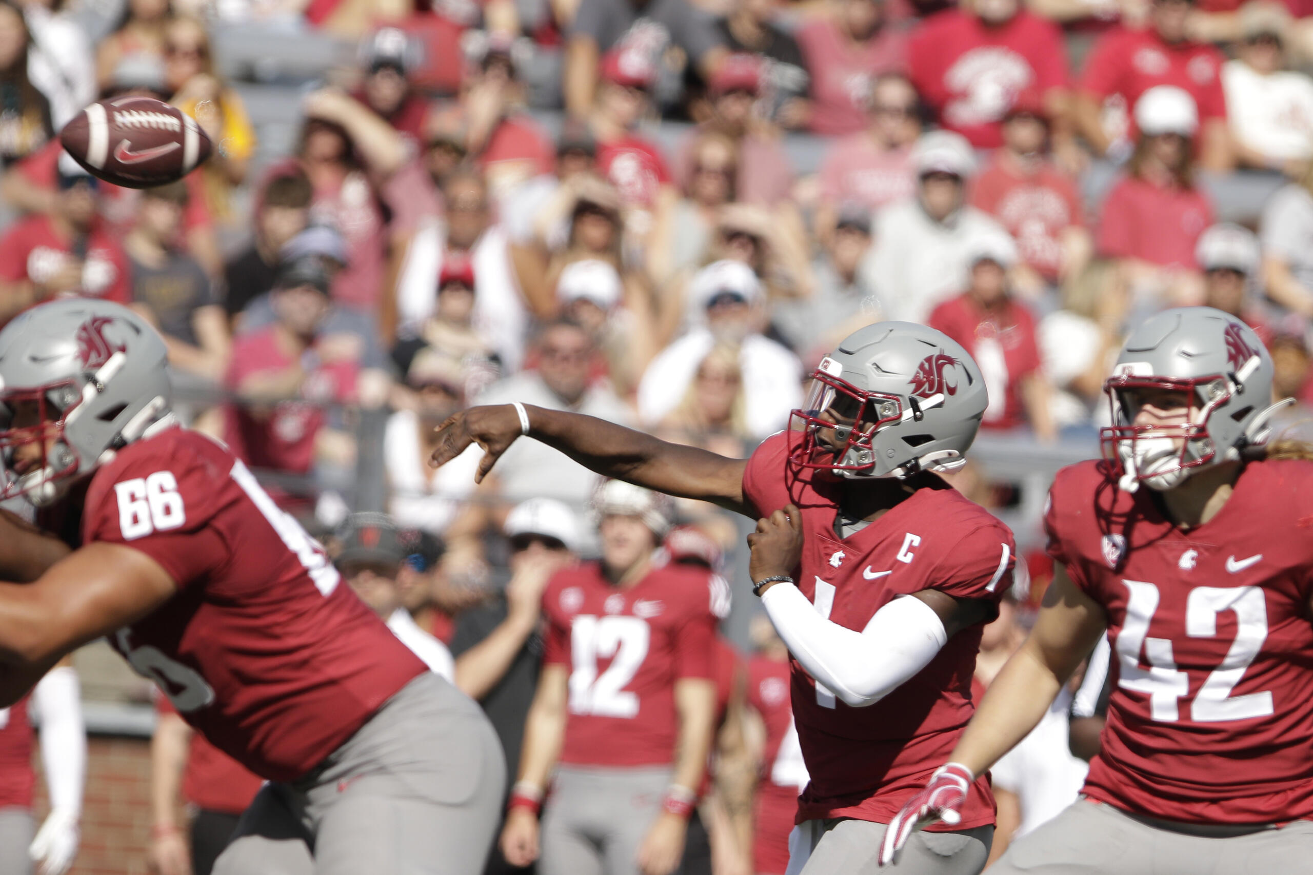Washington State quarterback Cameron Ward (1) throws a pass during the first half of an NCAA college football game against Northern Colorado, Saturday, Sept. 16, 2023, in Pullman, Wash.