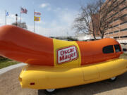 FILE - The Oscar Mayer Wienermobile sits outside the the Oscar Meyer headquarters, Oct. 27, 2014, in Madison, Wis. On Wednesday, Sept. 20, 2023, four months after announcing that the hot dog-shaped Wienermobile was changing its name to the Frankmobile, Oscar Meyer said that the one-of-a-kind wiener on wheels is reverting to the original. (M.P.