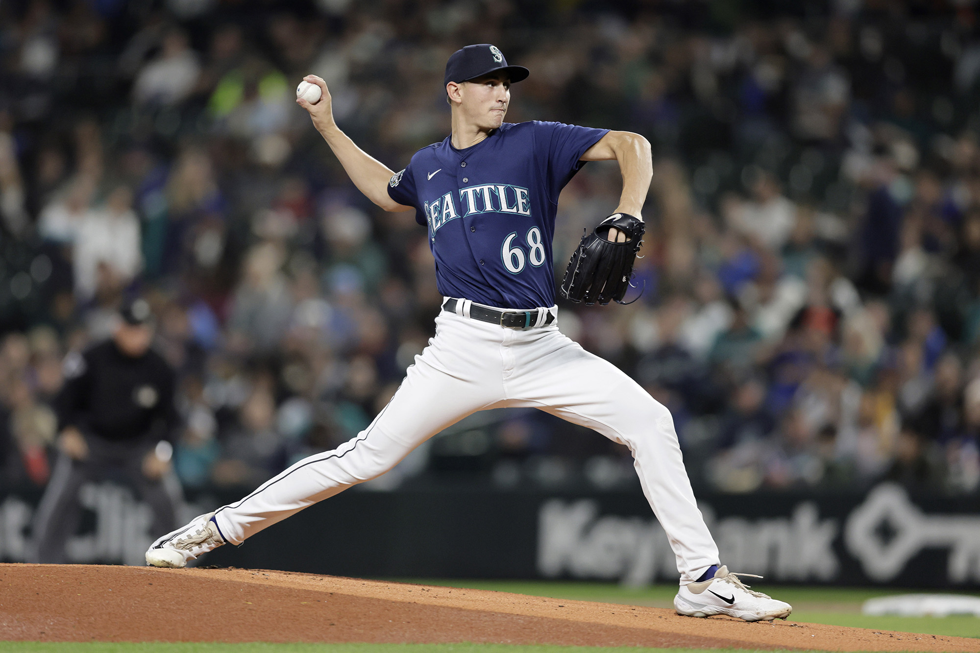Seattle Mariners starting pitcher George Kirby throws to a Houston Astros batter during the first inning of a baseball game, Tuesday, Sept. 26, 2023, in Seattle.