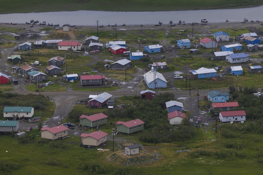 The village of Akiachak, Alaska, is visible from an airplane, Wednesday, Aug. 16, 2023. Akiachak is a Yup'ik village home to roughly 700 people based along the Kuskokwim River.