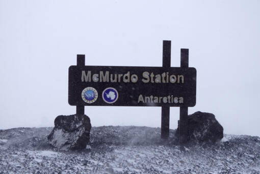 FILE - A sign is photographed at McMurdo Station on Dec. 4, 2018. From Sunday, Oct. 1, 2023, workers at the main United States base in Antarctica will no longer be able to walk into a bar and order a beer, after the federal agency which oversees the research program on the ice decided to stop serving alcohol.