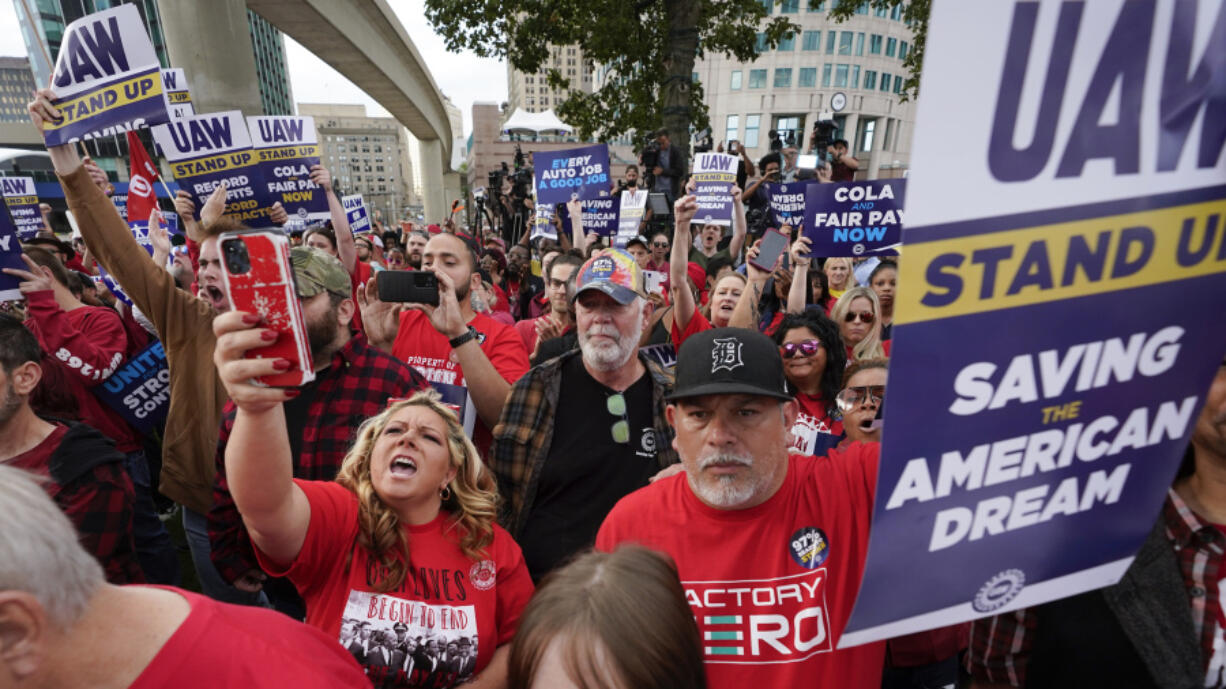 United Auto Workers members attend a rally in Detroit, Friday, Sept. 15, 2023. The UAW is conducting a strike against Ford, Stellantis and General Motors.