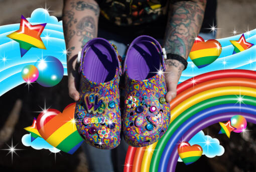 Christina Martin, of Rosamond, California, holds Lisa Frank Crocs that her sister gave her as a birthday gift. Martin has been a Lisa Frank fan since she was a child.
