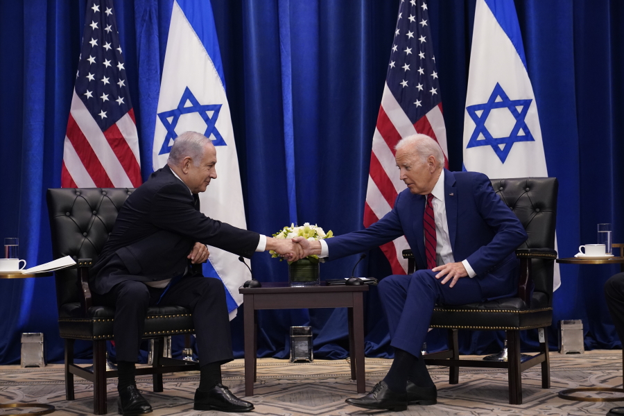 President Joe Biden meets with Israeli Prime Minister Benjamin Netanyahu in New York, Wednesday, Sept. 20, 2023. Biden was in New York to address the 78th United Nations General Assembly.