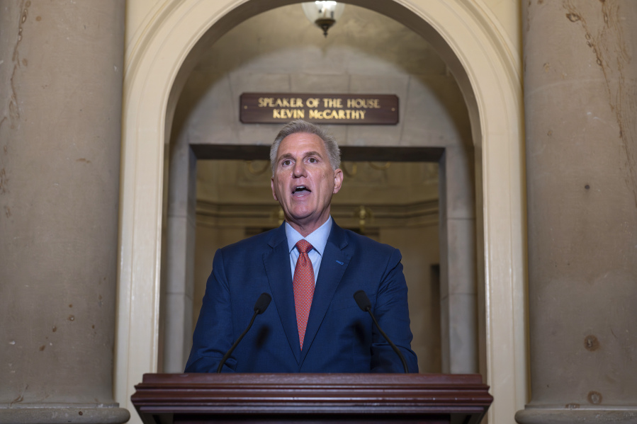 Speaker of the House Kevin McCarthy, R-Calif., speaks at the Capitol in Washington, Tuesday, Sept. 12, 2023. McCarthy says he's directing a House committee to open a formal impeachment inquiry into President Joe Biden. (AP Photo/J.