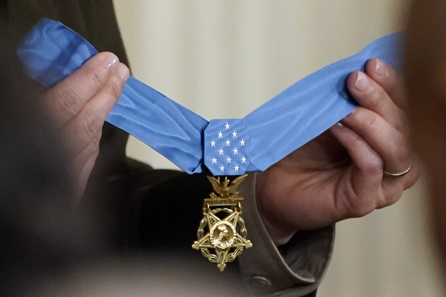 A Medal of Honor is displayed in the East Room of the White House before being awarded to retired Army Col. Paris Davis, Friday, March 3, 2023, in Washington.