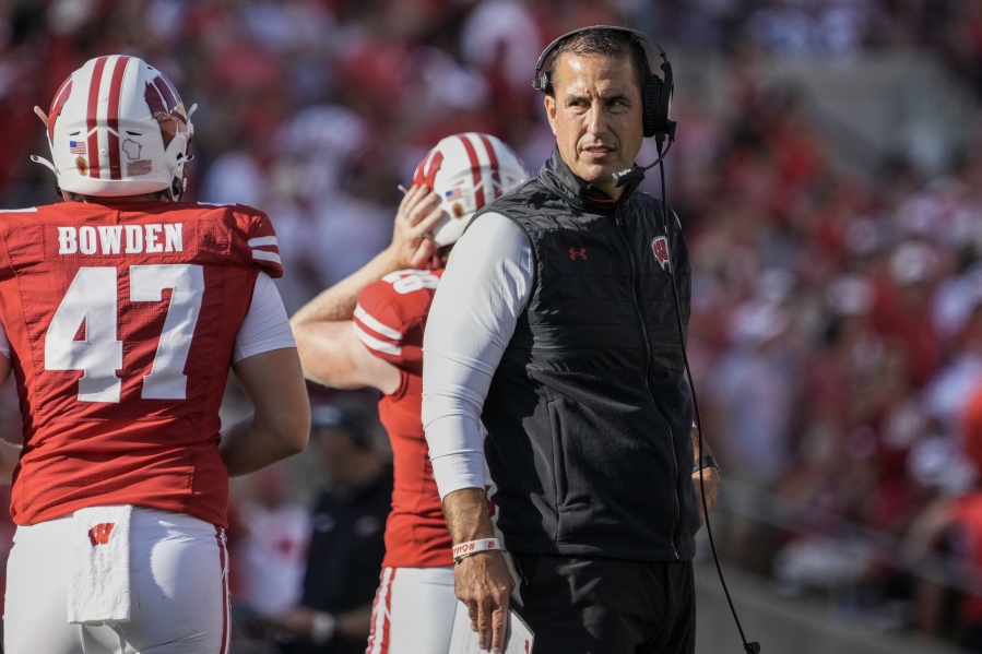 Wisconsin head coach Luke Fickell watches during the second half of an NCAA college football game against Buffalo Saturday, Sept. 2, 2023, in Madison, Wis.