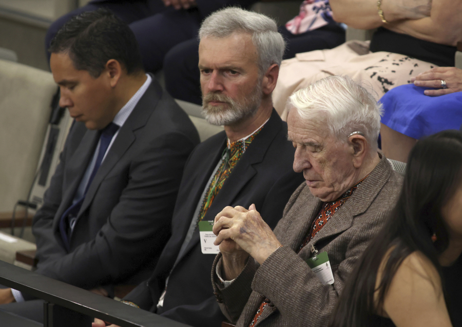 Yaroslav Hunka, right, waits for the arrival of Ukrainian President Volodymyr Zelenskyy in the House of Commons in Ottawa, Onatario on Friday, Sept. 22, 2023. The speaker of Canada's House of Commons apologized Sunday, Sept. 24, for recognizing Hunka, who fought for a Nazi military unit during World War II. Just after Zelenskyy delivered an address in the House of Commons on Friday, Canadian lawmakers gave the 98-year-old a standing ovation when Speaker Anthony Rota drew attention to him.