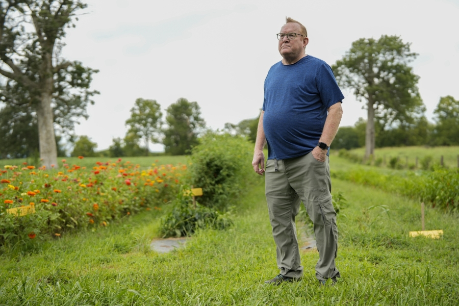 Tom Kimmerer, plant physiologist, poses for a portrait, Tuesday, Aug. 15, 2023, at Elmwood Stock Farm in Georgetown, Ky. He thinks investment flowing toward new versions of indoor farming would be better spent on practical solutions for outdoor farmers like weed-zapping robots, or even climate solutions like subsidizing farmers to adopt regenerative practices. (AP Photo/Joshua A.