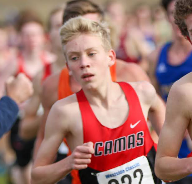 Camas senior Hayden Reich (919) runs ahead of teammate Cohen Butler (922) in the 4A boys race at the Westside Classic bi-district cross country meet in University Place on Oct.