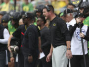 Oregon head coach Dan Lanning calls out to players during the first half of an NCAA football game against Colorado, Saturday, Sept. 23, 2023, in Eugene, Ore.