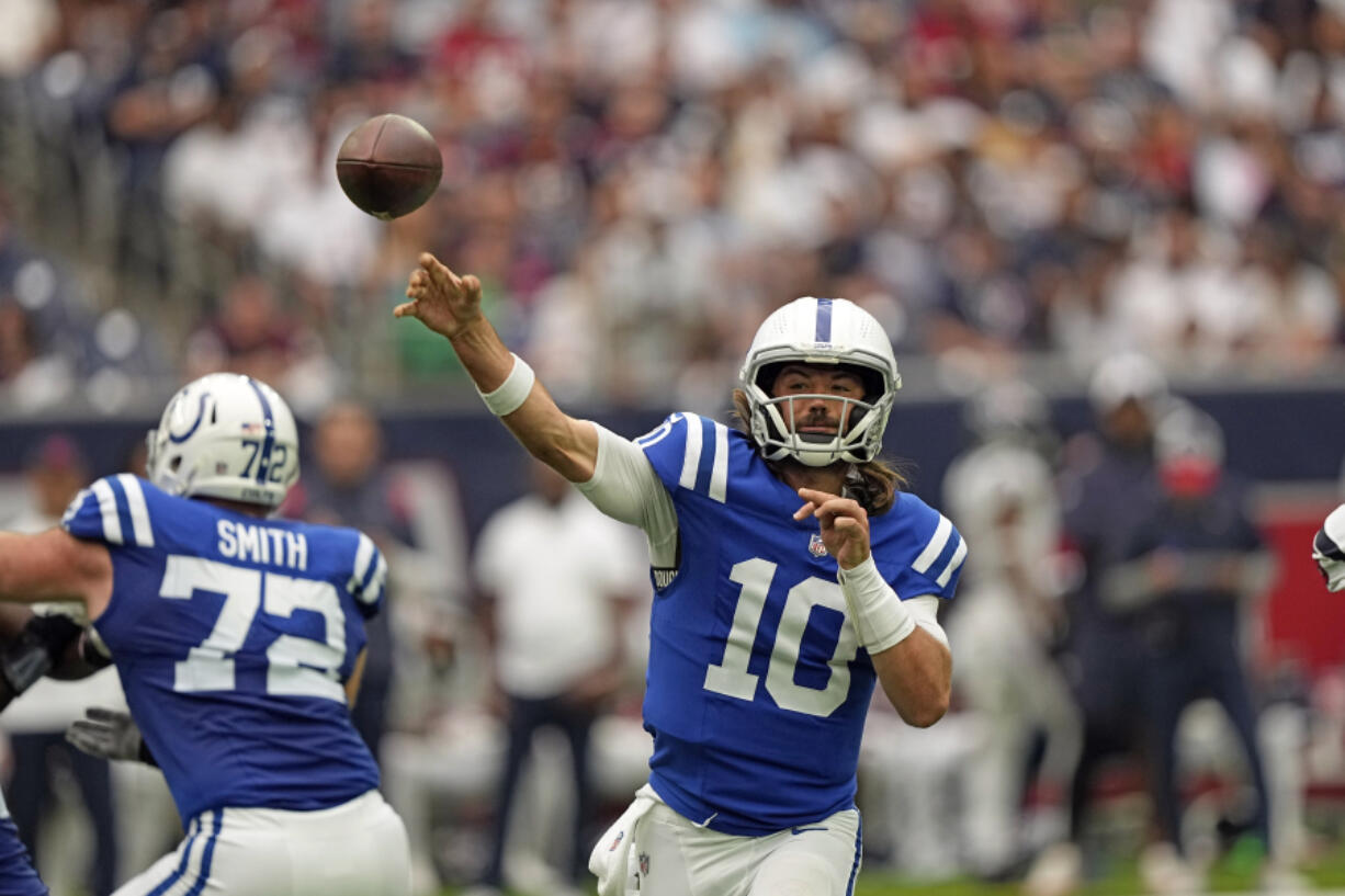 Indianapolis Colts quarterback Gardner Minshew (10) throws a pass against the Houston Texans during an NFL football game Sunday, Sept. 17, 2023, in Houston. (AP Photo/David J.