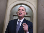 FILE - House Speaker Kevin McCarthy, R-Calif., talks to reporters as Congress returns to work in crisis mode with a few days to go before a government shutdown, at the Capitol in Washington, Tuesday, Sept. 26, 2023. (AP Photo/J.
