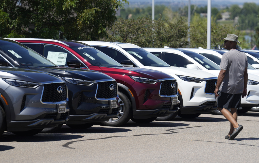 A prospective customer surveys 2023 QX60 luxury sports-utility vehicles at an Infiniti dealership Sunday, Aug 27, 2023, in Highlands Ranch, Colo. On Friday, the Commerce Department issues its August report on consumer spending.