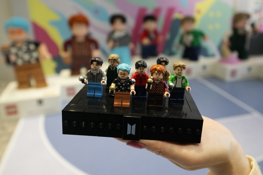 A LEGO set made of its blocks featuring K-pop band BTS, is shown during a March publicity event at a store in Seoul, South Korea.