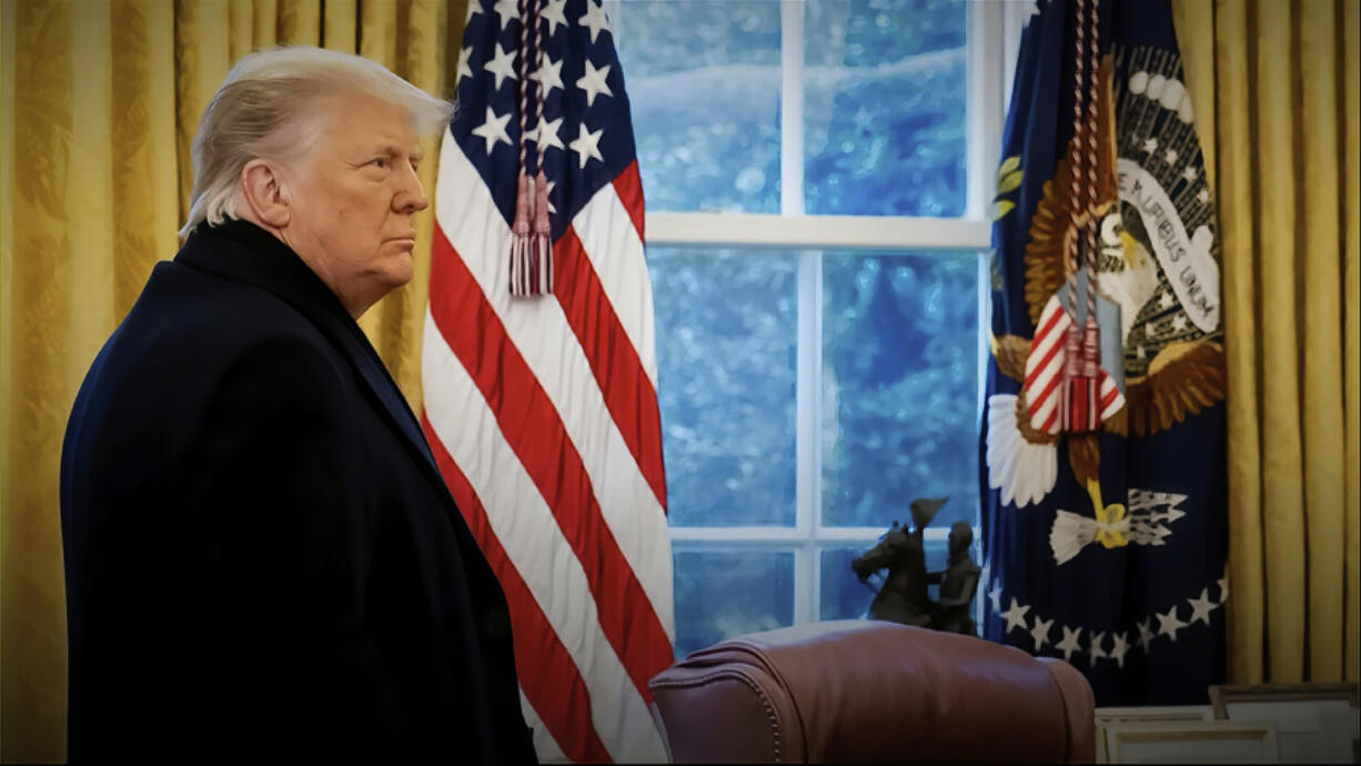 FILE - This exhibit from video released by the House Select Committee, shows a photo of President Donald Trump with his coat on as he returns to the Oval Office of the White House in Washington, after speaking on the Ellipse on Jan. 6, 2021. Former President Donald Trump repeatedly declined in an interview aired Sunday, Sept.