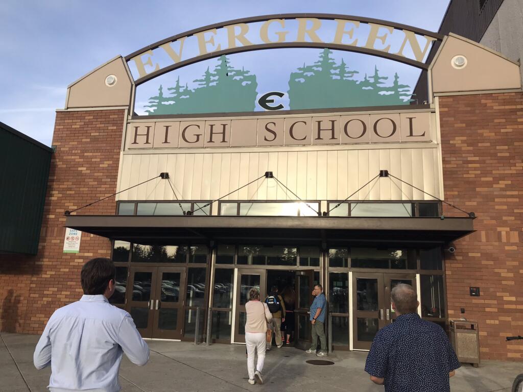 Evergreen Education Association members arrive at Evergreen High School this morning to vote on whether to approve a tentative agreement that would end a teachers strike that has kept schools shuttered since Aug. 30.