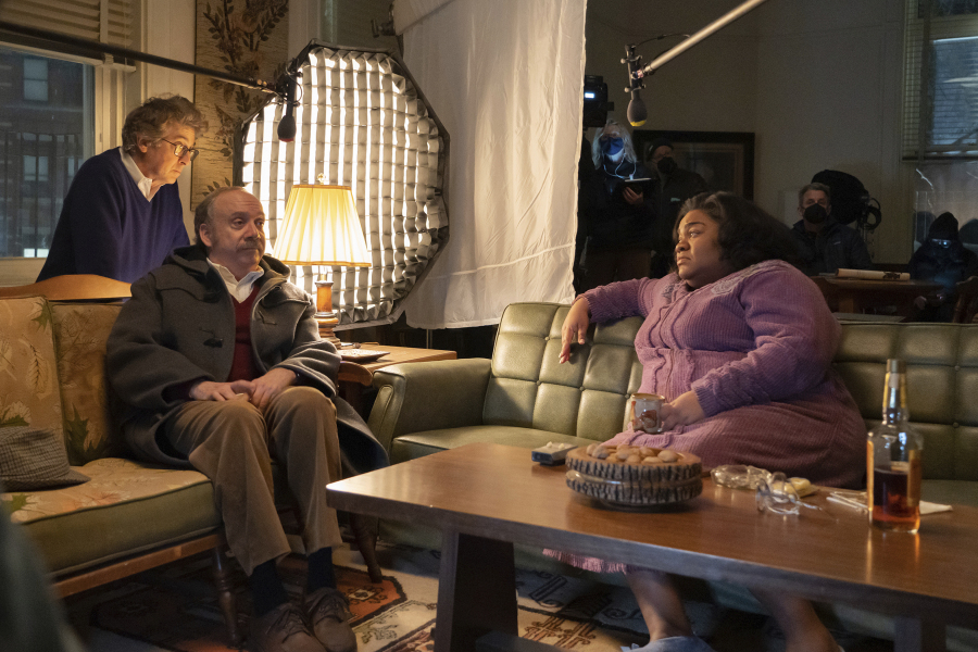 Director Alexander Payne, background left, with actors Paul Giamatti and Da'Vine Joy Randolph, right, on the set of their film "The Holdovers." (Seacia Pavao/Focus Features)