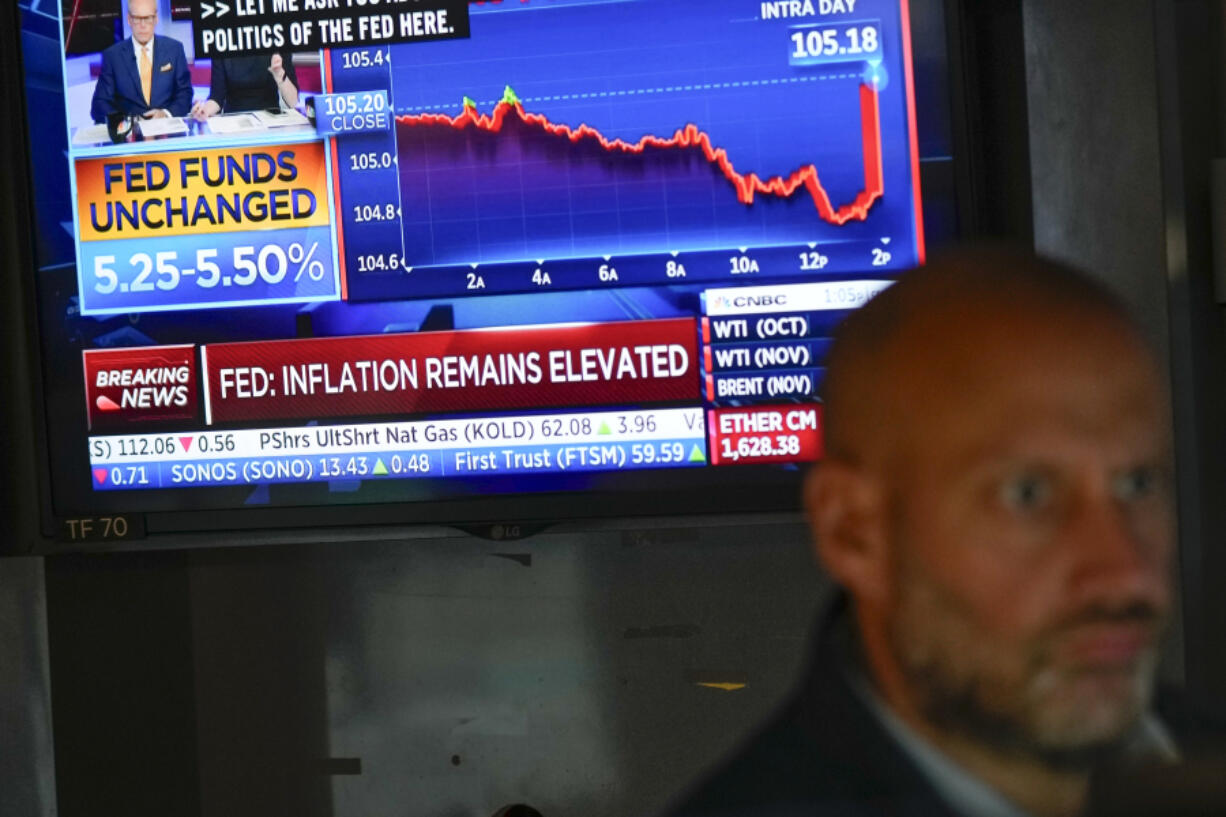 A monitor displays information about the Federal Reserve interest rate on the floor at the New York Stock Exchange in New York, Wednesday, Sept. 20, 2023. The Federal Reserve left its key interest rate unchanged for the second time in its past three meetings, a sign that it's moderating its fight against inflation as price pressures have eased.