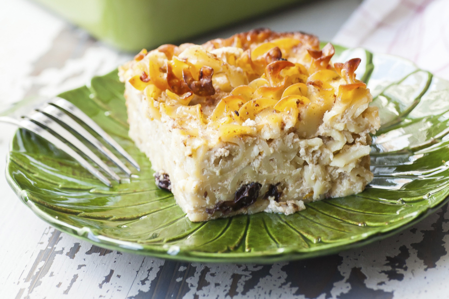 Noodle kugel is a baked casserole often made with potatoes, sour cream and eggs. It is hearty dish that can feed a crowd when breaking your fast after Yom Kippur.