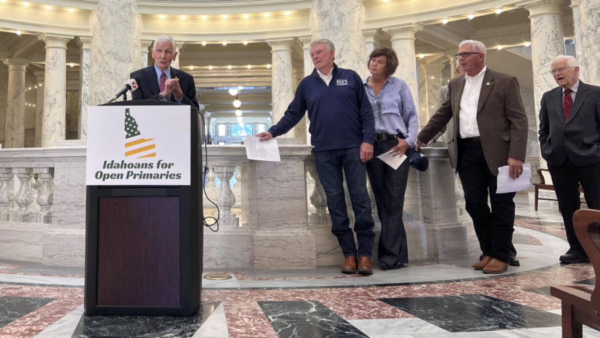 Former Idaho Attorney General Jim Jones and Idaho Republicans, including former Gov. C.L. "Butch" Otter, gather at the Statehouse, Wednesday, Sept. 13, 2023, to support an open primary, and a call for reasonable politics in the state.