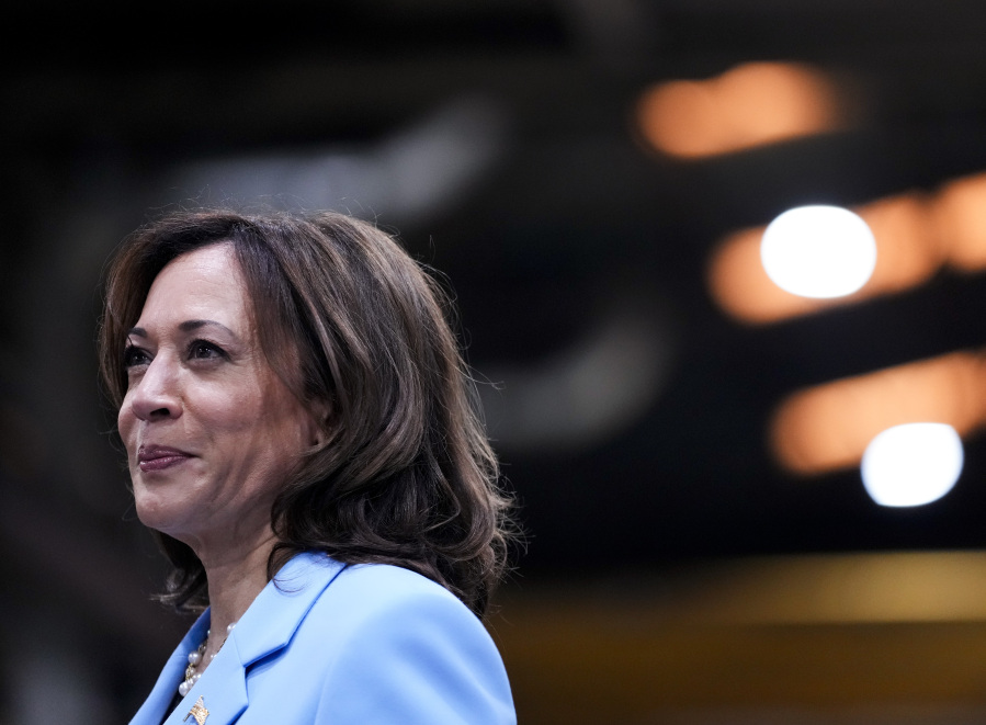 FILE - Vice President Kamala Harris tours McKinstry's facilities after giving remarks ahead of the one-year anniversary of the Biden administration's Inflation Reduction Act, Aug. 15, 2023, in Seattle. Harris is visiting Indonesia this week for the Association of Southeast Asian Nations summit.