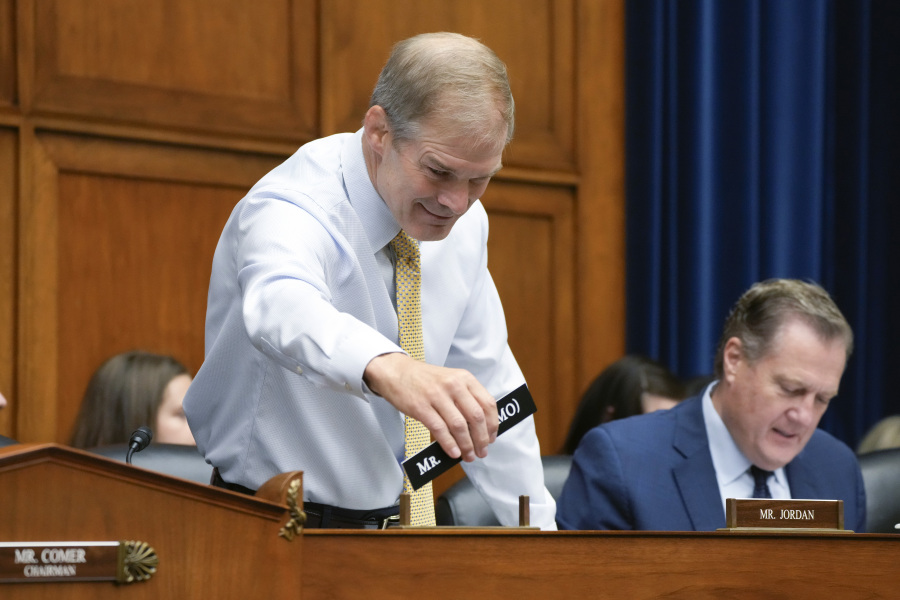 Rep. Jim Jordan, R-Ohio, arrives as the House Oversight Committee begins an impeachment inquiry into President Joe Biden, Thursday, Sept. 28, 2023, on Capitol Hill in Washington.