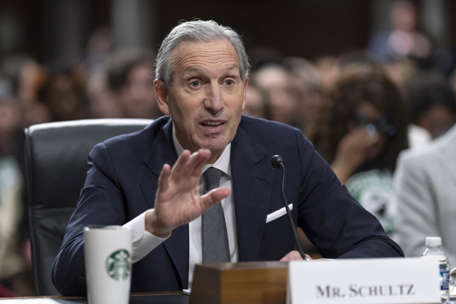 FILE - Starbucks founder and former CEO Howard Schultz testifies before the Senate Health, Education, Labor and Pensions Committee in Washington on March 29, 2023. Schultz is stepping down from the company's board of directors, the coffee chain announced. Schultz is credited for transforming the Seattle-based business into the coffee giant it's known as today. His departure from the board is "part of a planned transition," the company said Wednesday Sept. 13 2023. (AP Photo/J.