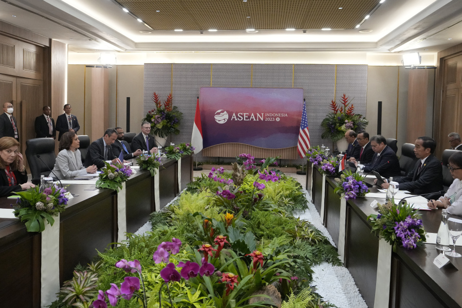 Indonesian President Joko Widodo, right, talks with U.S. Vice President Kamala Harris, second left, during their bilateral meeting on the sidelines of the Association of the Southeast Asian Nations (ASEAN) Summit in Jakarta, Indonesia, Wednesday, Sept. 6, 2023.