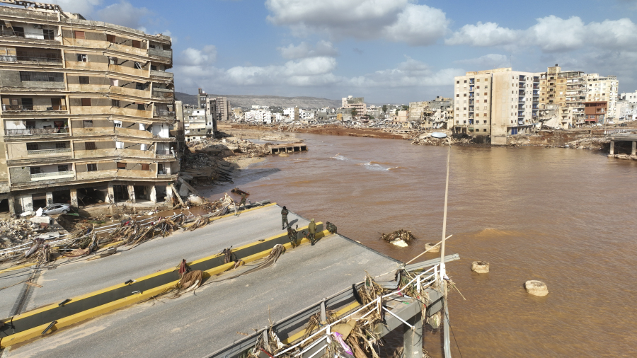 A general view of the city of Derna is seen on Tuesday, Sept. 12., 2023. Mediterranean storm Daniel caused devastating floods in Libya that broke dams and swept away entire neighborhoods in multiple coastal towns, the destruction appeared greatest in Derna city.